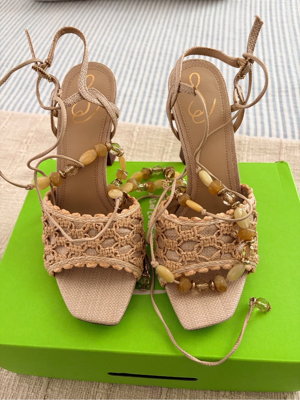 Sam Edelman Luciana Linen Raffia Wrap Square Toe Heels